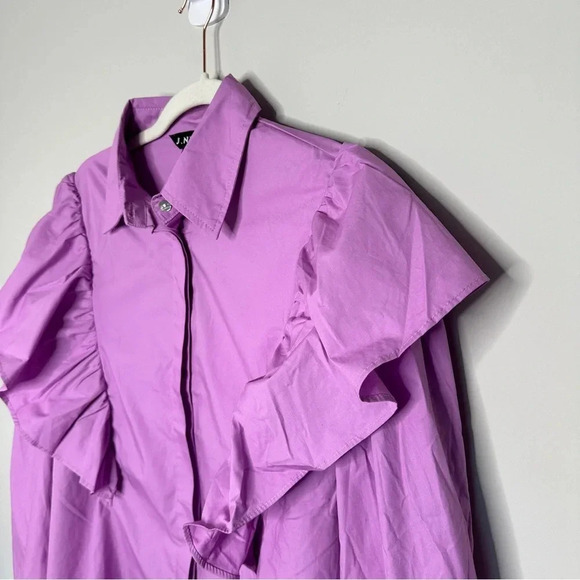 New J. NNA Lavender Ruffled Button Down Blouse Size Large Fairy Classic Workwear - Picture 7 of 10